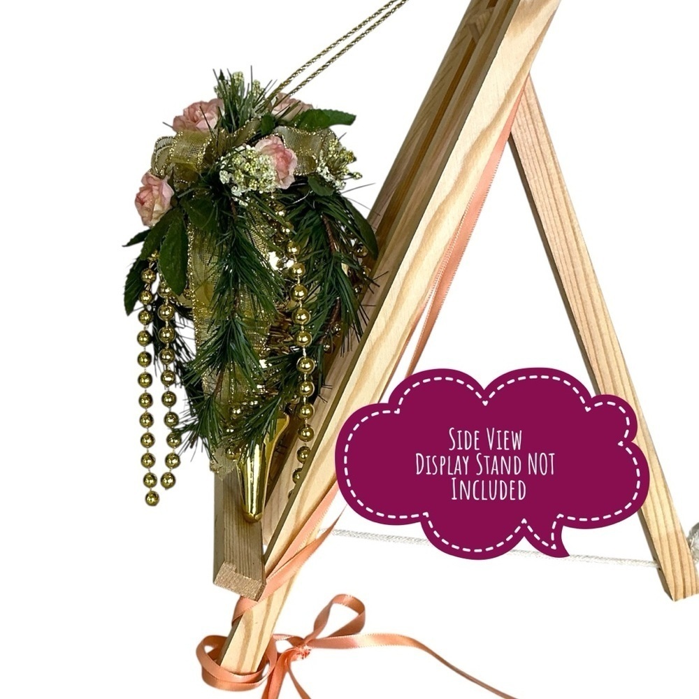 Floral Hanging Ornament Hand Crafted Pink Coral Rose Gold Accent Vintage 1990 8” - Picture 2 of 15